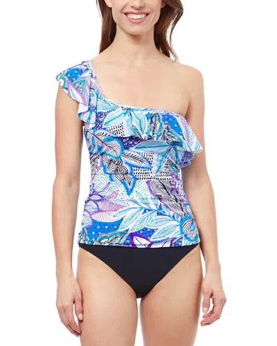 Profile By Gottex Tropic Boom One Shoulder Ruffle Top In Blue