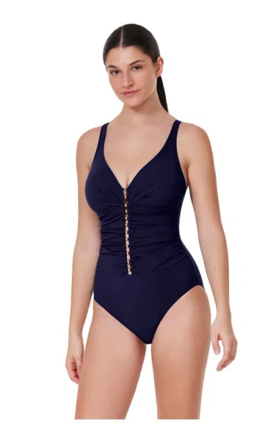 Profile By Gottex Tutti Frutti D-cup V-neck Gold Beaded One Piece In Blue