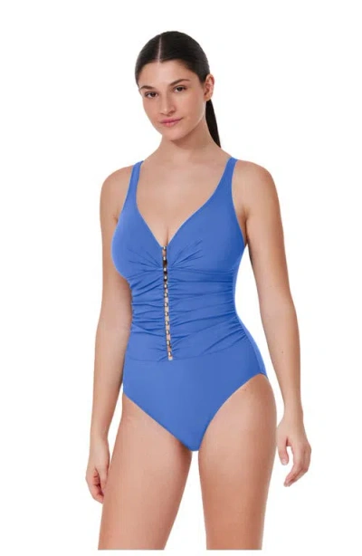 Profile By Gottex Tutti Frutti D-cup V-neck Gold Beaded One Piece In Blue