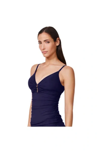 Profile By Gottex Tutti Frutti V-neck Gold Beaded Tankini Top In Blue