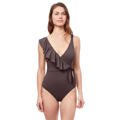 Profile By Gottex Tutti Frutti V Neck One Shoulder Ruffle One Piece Swimsuit In Brown