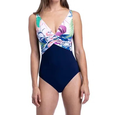 Profile By Gottex V-neck Underwire One Piece Swimsuit In Pro Club Tropicana In Blue