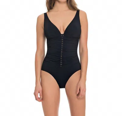 Profile By Gottex Waterfall D Cup Shirred V-neck One Piece In Black