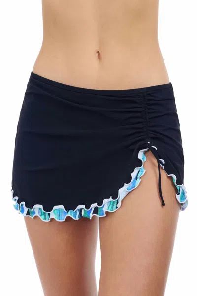 Profile By Gottex Women's Solid With Tricolore Side Slit Skirted Bottom In Black With Tricolore In Blue