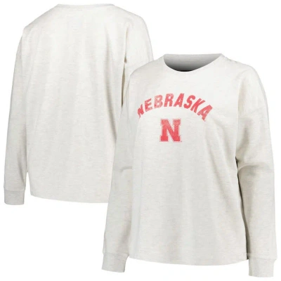 Profile Oatmeal Nebraska Huskers Plus Size Distressed Arch Over Logo Neutral Boxy Pullover Sweatshir