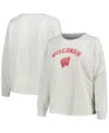 PROFILE WOMEN'S OATMEAL WISCONSIN BADGERS PLUS SIZE DISTRESSED ARCH OVER LOGO NEUTRAL BOXY PULLOVER SWEATSHI