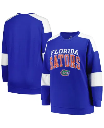 PROFILE WOMEN'S PROFILE ROYAL DISTRESSED FLORIDA GATORS PLUS SIZE STRIPED PULLOVER SWEATSHIRT