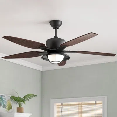 Progress Lighting 60" Roger 5 - Blade Outdoor Led Standard Ceiling Fan With Remote Control And Light Kit Included In Black With Forged Black Blades