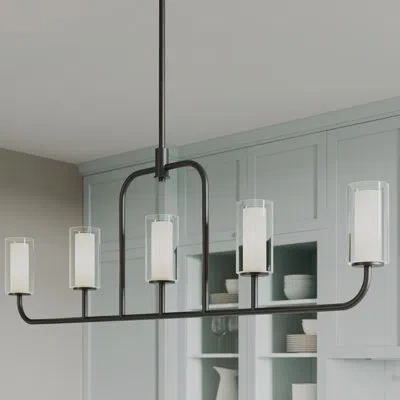 Progress Lighting Mack Five-light Linear Chandelier With Layered Glass Shades In Black