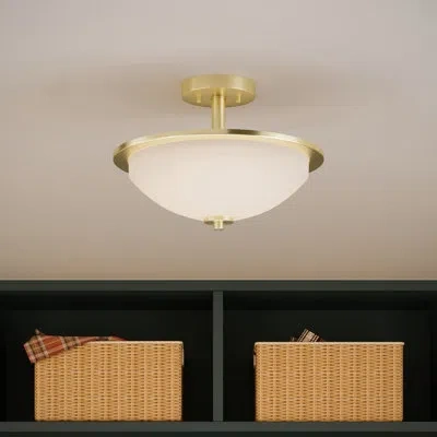 Progress Lighting Replay 14.75-inch 2-light Brushed Gold Semi Flush Mount Light With Etched Glass Shade