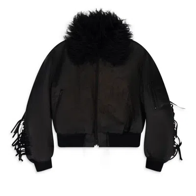 Project G/r Black Faux Leather Detachable Fur Fringe Bomber Jacket