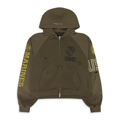 Project G/r Khaki Reconstructed Folded Zip Hoodie In Green