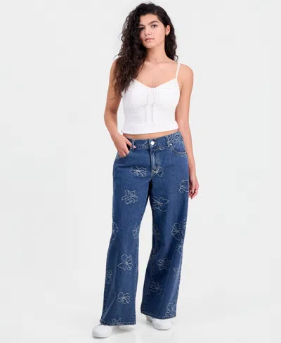 Project Indigo Juniors' Allover Hibiscus Wide-leg Jeans In Blue