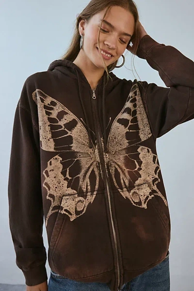 Project Social T Butterfly Graphic Zip-up Hoodie Sweatshirt In Brown, Women's At Urban Outfitters