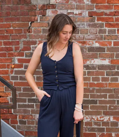 Project Social T Come Together Button Front Textured Tank In Navy Bliss In Blue