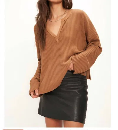 Project Social T Getaway Notch Neck Sweater Rib Pullover In Caramel In Brown