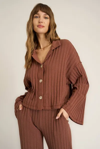 Project Social T Lights Out Button Front Rib Top In Brown