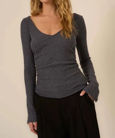 Project Social T Opal Ruched Side Brushed Rib V-neck Top In Dark Night In Gray