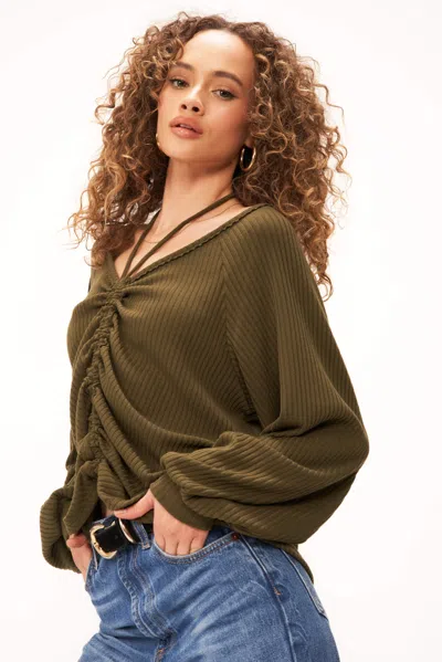 Project Social T Remy Ruched Front Sweater Rib Long Sleeve In Green