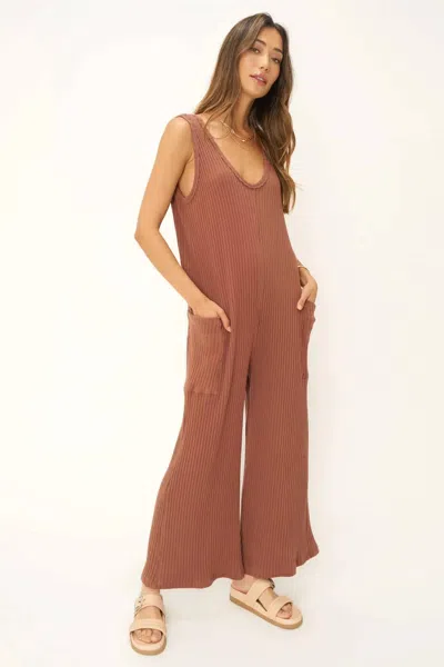 Project Social T Santa Maria Sweater Rib Wide Leg Jumpsuit In Root Beer In Brown
