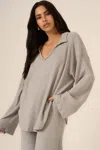 Project Social T Zooey Rib Collared Long Sleeve In Grey In Gray