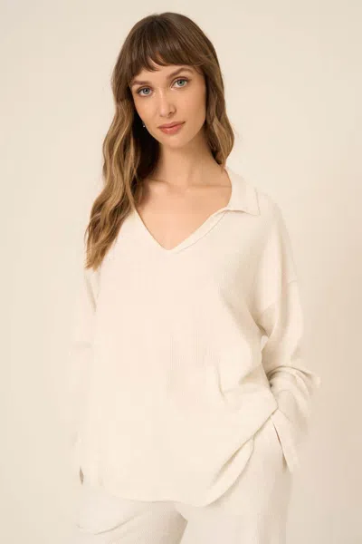 Project Social T Zoey Brushed Rib Collared Long Sleeve In White