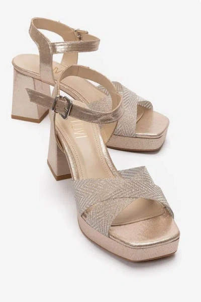 Prologue Shoes Bavena Platform Block Heel Sandal In Gold