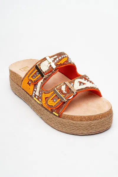Prologue Shoes Bobby Beaded Straw Platform Slide Sandal In Multi