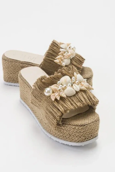 Prologue Shoes Dion Raffia Seashell Wedge Mules