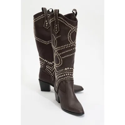 Prologue Shoes Draga Studded Block Heel Knee High Boot In Brown