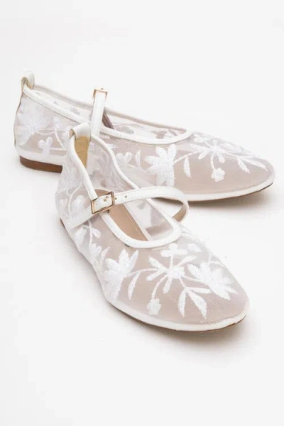Prologue Shoes Juny Mesh Floral Embroidery Ballet Flat In White