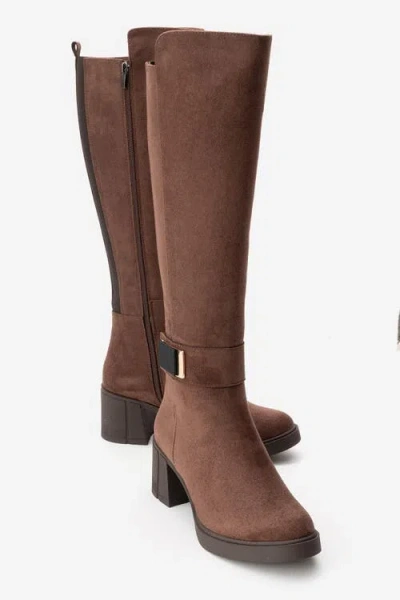 Prologue Shoes Moreni Stretch Buckle Block Heel Knee High Boot In Brown