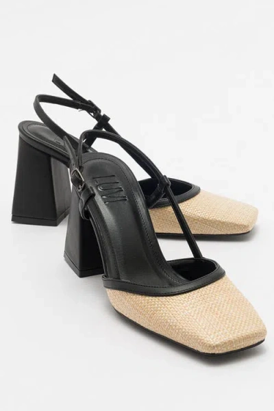 Prologue Shoes Rivie Raffia Square Toe Block Heel Pump In Black