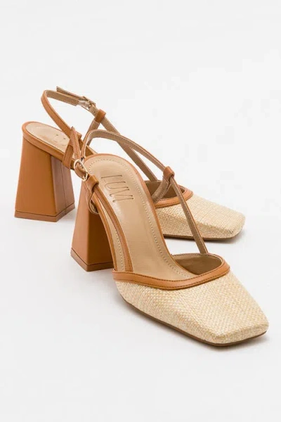 Prologue Shoes Rivie Raffia Square Toe Block Heel Pump In Brown