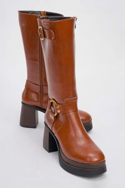 Prologue Shoes Rock Buckle Zip Block Heel Boot (women) In Brown