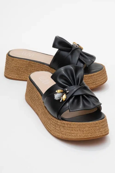 Prologue Shoes Shara Braided Bow & Bee Buckle Platform Sandal In Black