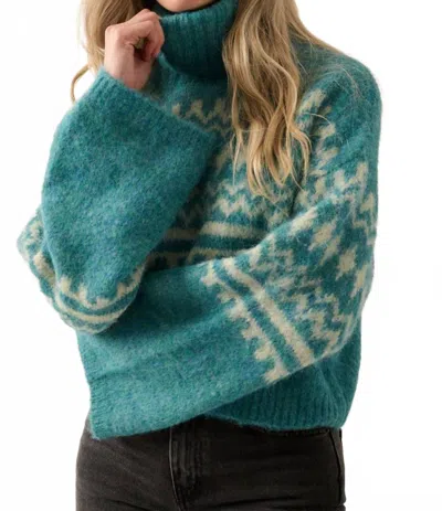Promesa Abstract Geometric Turtleneck Loose Fit Sweater In Pine Green In Blue
