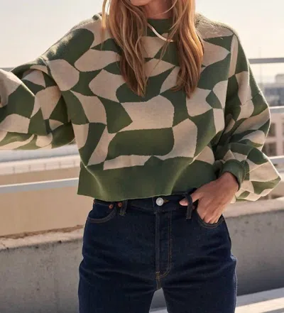 Promesa Abstract-pattern Knit Sweater In Green/beige Abstract In Multi