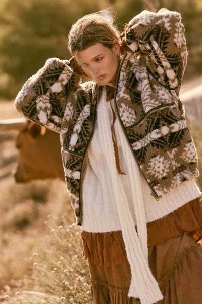 Promesa Bear Creek Geo-print Fleece Zip-front Jacket In Taupe In Multi