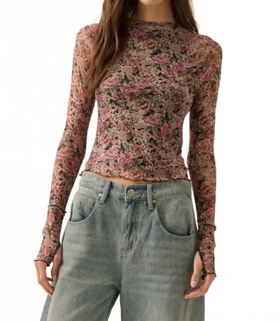 Promesa Bed Of Roses Floral Mesh Mock-neck Thumbhole Top In Black In Multi