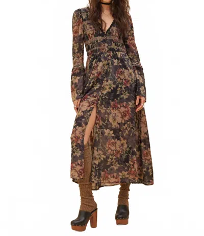 Promesa Boho Blossoms Floral Bell-sleeve Midi Dress In Black In Brown