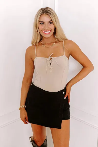 Promesa Chic Feeling Lace Up Bodysuit In Beige In Neutral