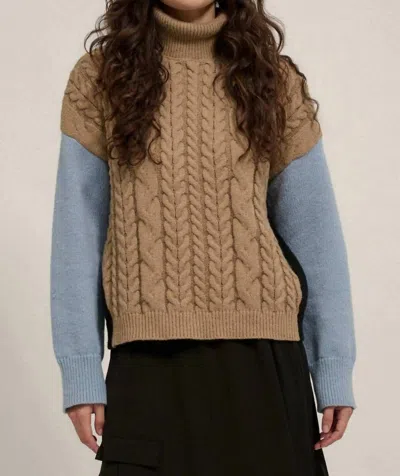 Promesa Color Block Turtle Neck Cable Knit Sweater In Taupe In Brown