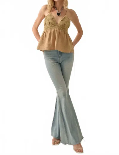 Promesa Crinkle Cotton Floral Crochet Babydoll Cami Top In Taupe In Brown