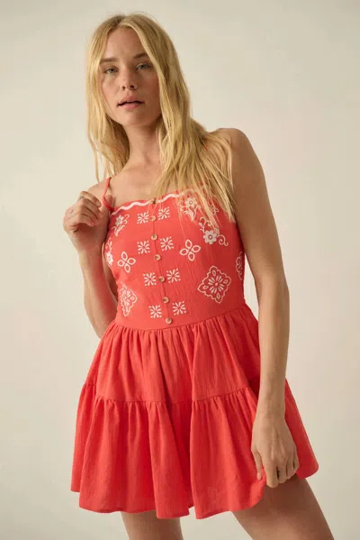 Promesa Embroidered Garden Cotton Tiered Ruffle Romper In Red/orange In Multi