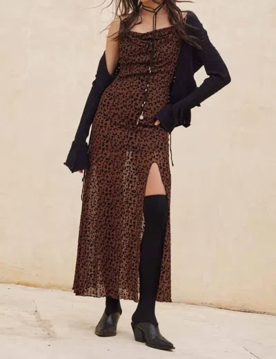 Promesa Flocked Leopard Mesh Cowl Neck Maxi Dress In Taupe In Gray