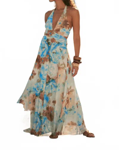 Promesa Floral Mesh Halter Cut-out Maxi Dress In Taupe/blue In Animal Print