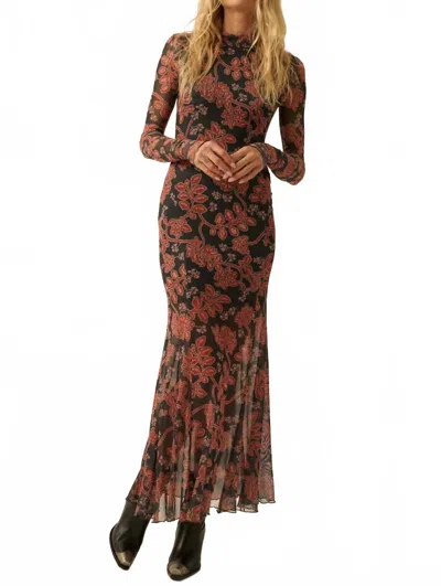 Promesa Floral Mesh Mock-neck Thumbhole Maxi Dress In Charcoal In Pink