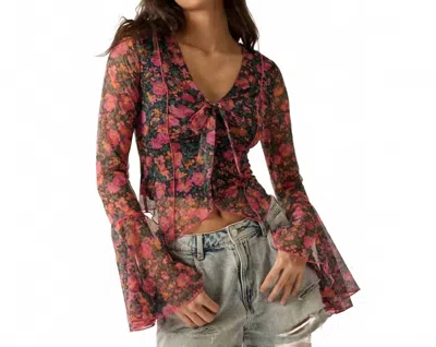 Promesa Floral Mesh V-neck Bell-sleeve Blouse In Purple In Multi