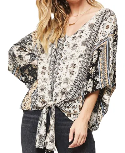 Promesa Floral Ornate Kimono Blouse In Cream/black In Multi